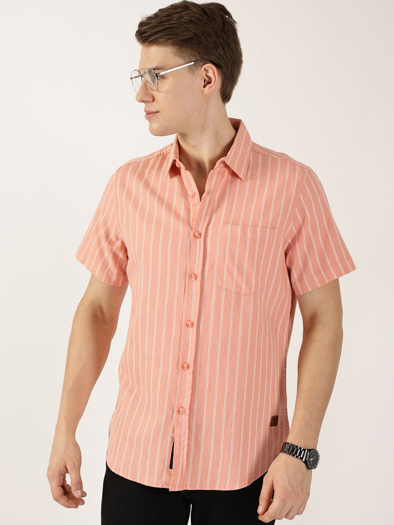 Thomas Scott Men Pink Classic Slim Fit Striped Cotton Casual Shirt