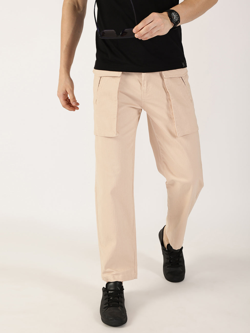 Thomas Scott Men Fawn Regular Fit Cargos Cotton Trousers