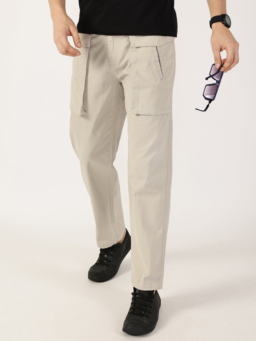 Thomas Scott Men Light Grey Regular Fit Cargos Cotton Trousers