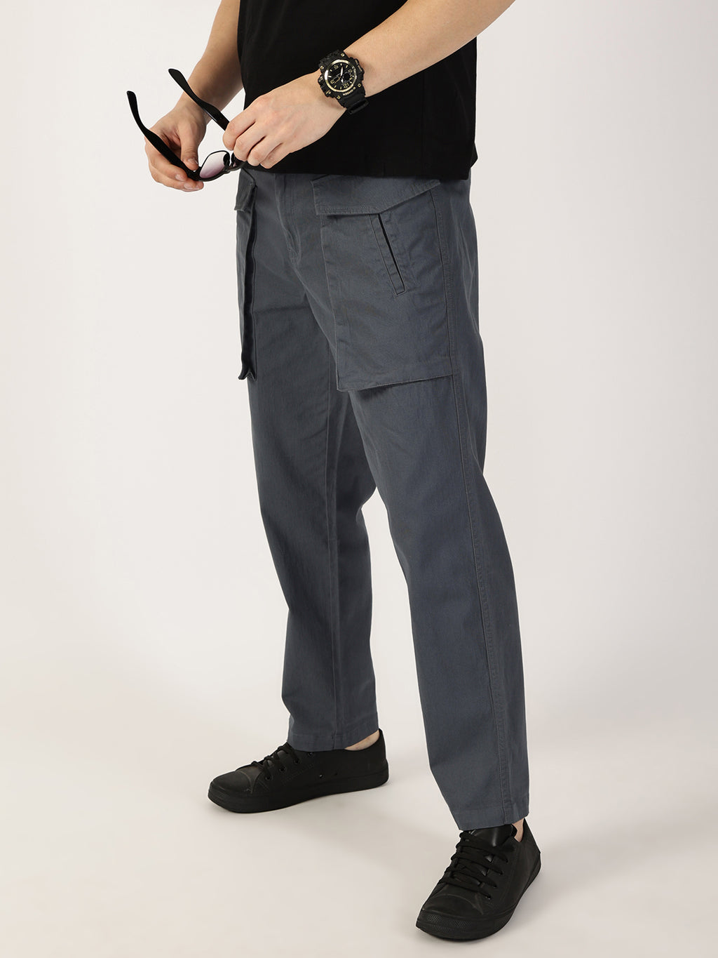 Thomas Scott Men Mid Blue Regular Fit Cargos Cotton Trousers