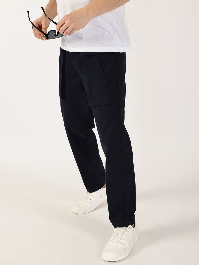 Thomas Scott Men Navy Regular Fit Cargos Cotton Trousers