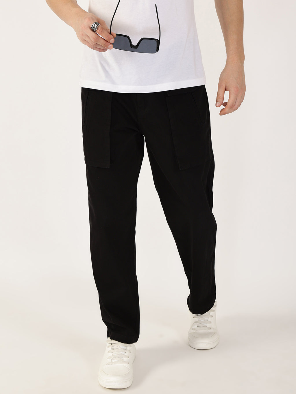 Thomas Scott Men Zed Black Regular Fit Cargos Cotton Trousers