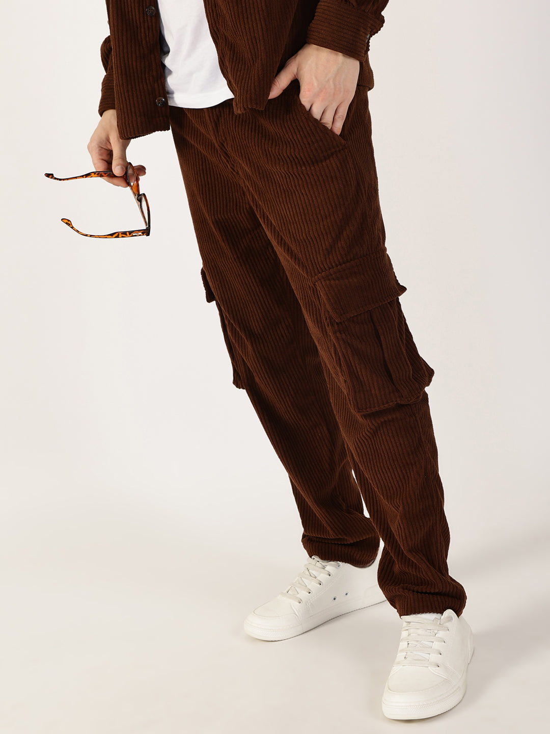 Thomas Scott Men Brown Smart Regular Fit Corduroy Cargos