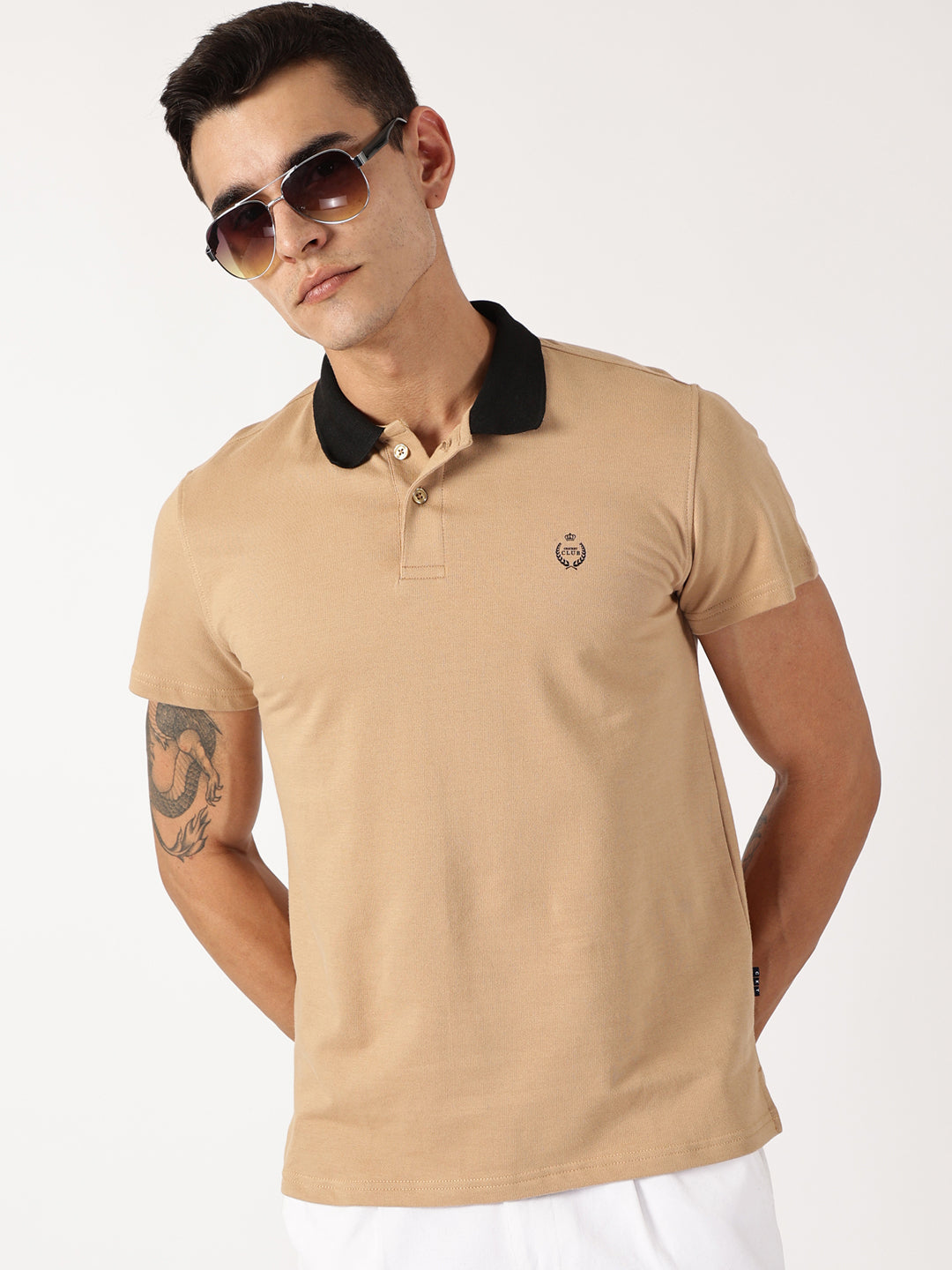 Thomas Scott Men Beige Solid Polo Collar Cotton Knitted T-shirt