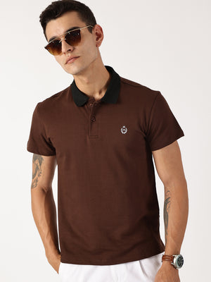 Thomas Scott Men Chocolate Solid Polo Collar Cotton Knitted T-shirt
