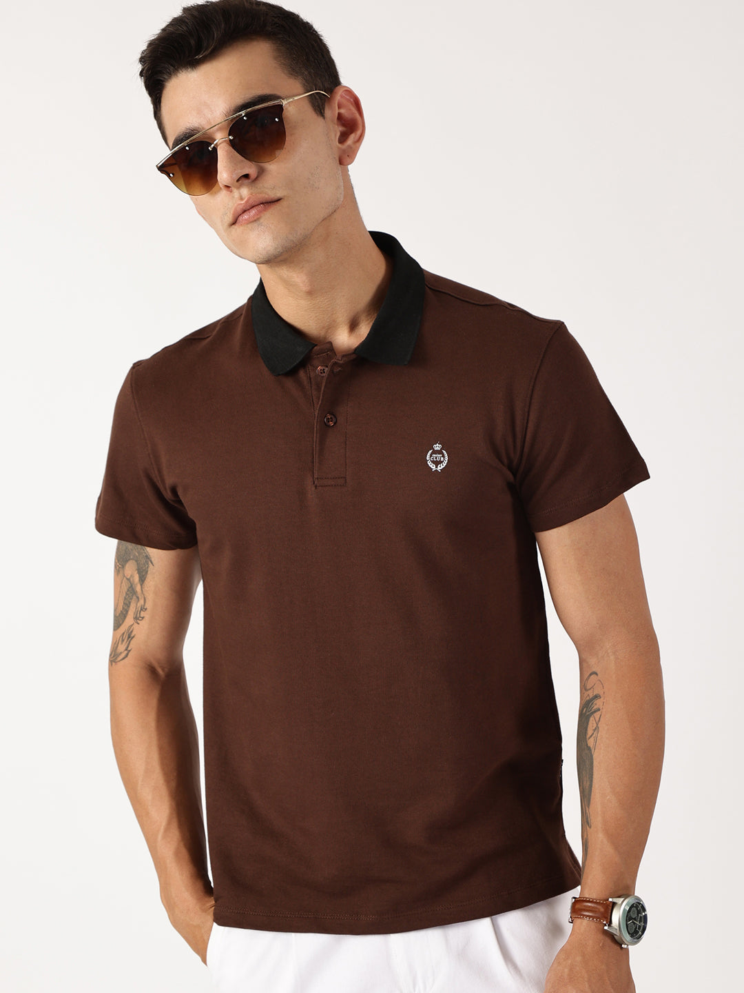 Thomas Scott Men Chocolate Solid Polo Collar Cotton Knitted T-shirt