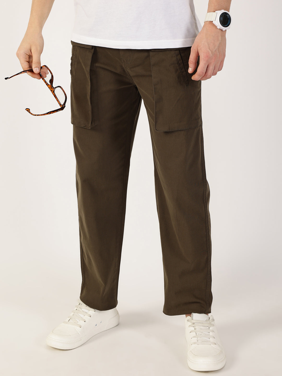 Thomas Scott Men Mehandi Regular Fit Cargos Cotton Trousers