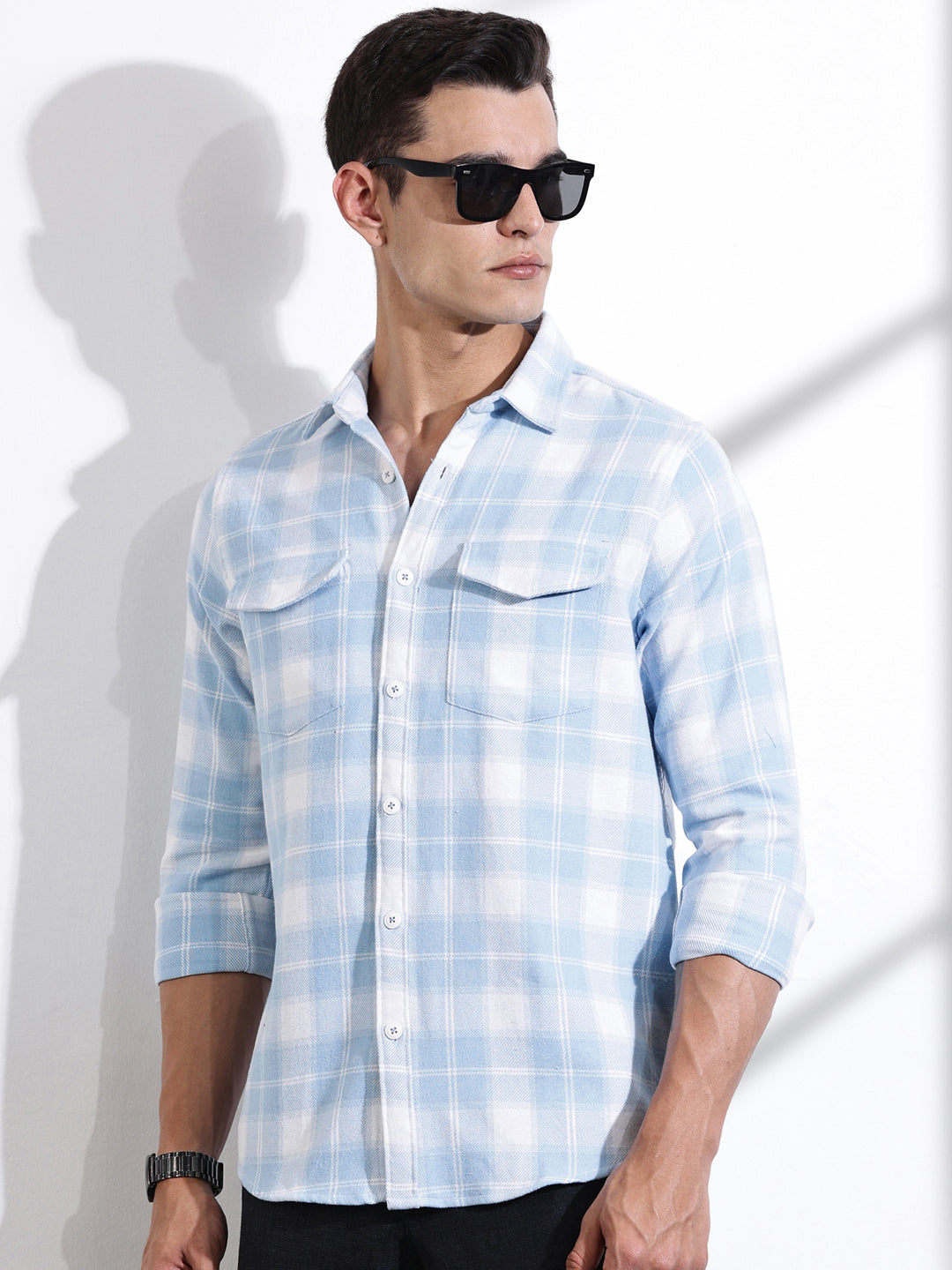 Thomas Scott Men Blue Regular Fit Long Sleeves Windowpane Checks Casual Shirt