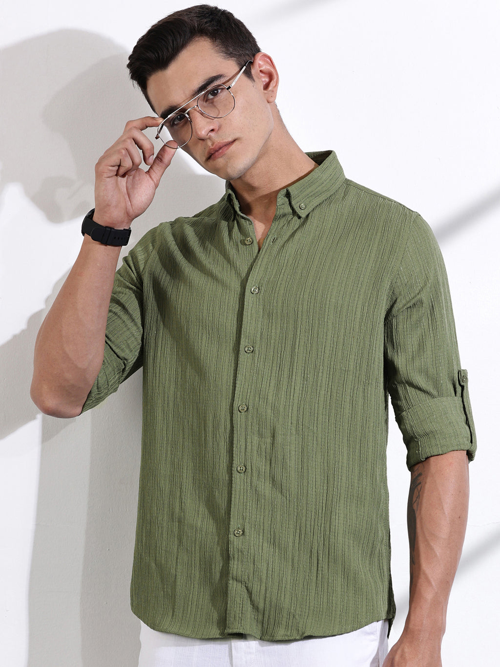 Thomas Scott Men Olive Slim Fit Long Sleeves Textured Casual Shirt