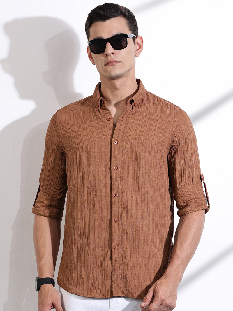 Thomas Scott Men Brown Slim Fit Long Sleeves Textured Casual Shirt
