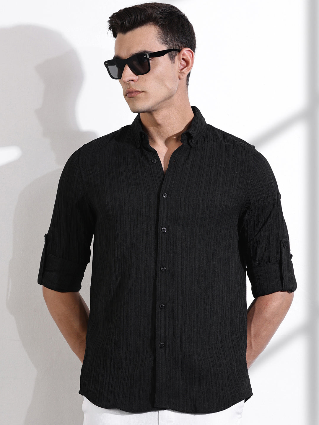 Thomas Scott Men Black Slim Fit Long Sleeves Textured Casual Shirt