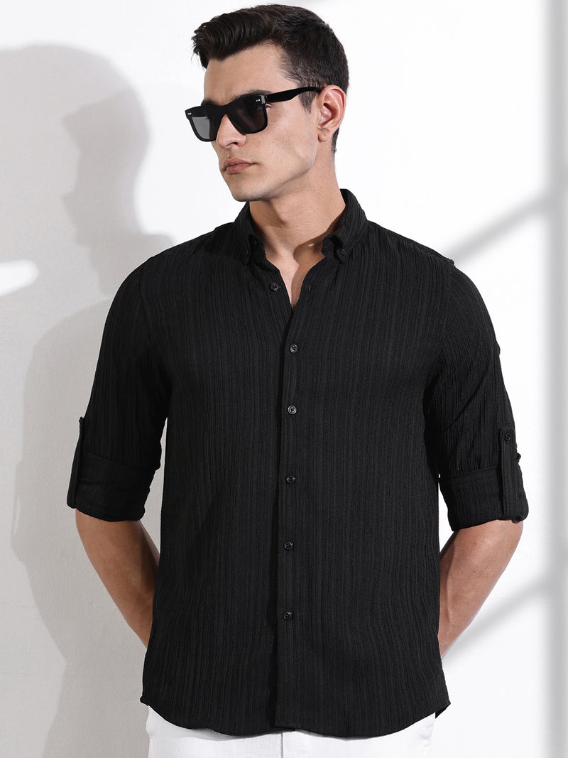 Thomas Scott Men Black Slim Fit Long Sleeves Textured Casual Shirt