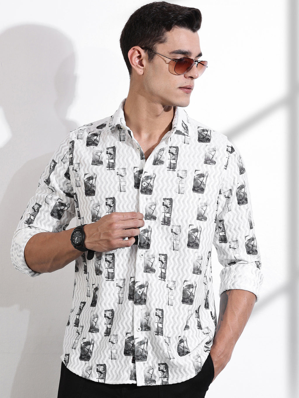 Thomas Scott Men Olive Slim Fit Long Sleeves Abstract Printed Casual Shirt