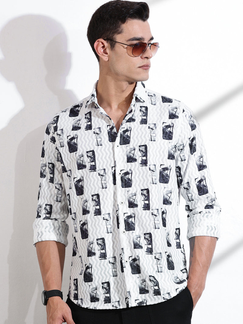 Thomas Scott Men Grey Slim Fit Long Sleeves Abstract Printed Casual Shirt