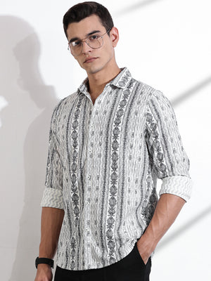 Thomas Scott Men Grey Slim Fit Long Sleeves Abstract Printed Casual Shirt