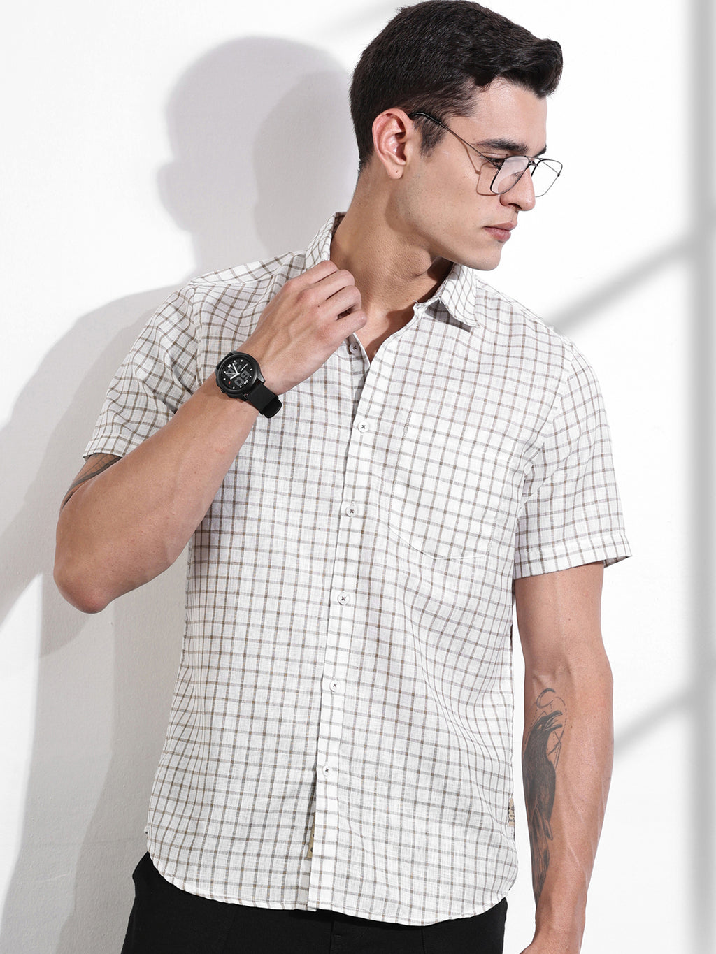 Thomas Scott Men Brown Slim Fit Gingham Checks Linen Casual Shirt