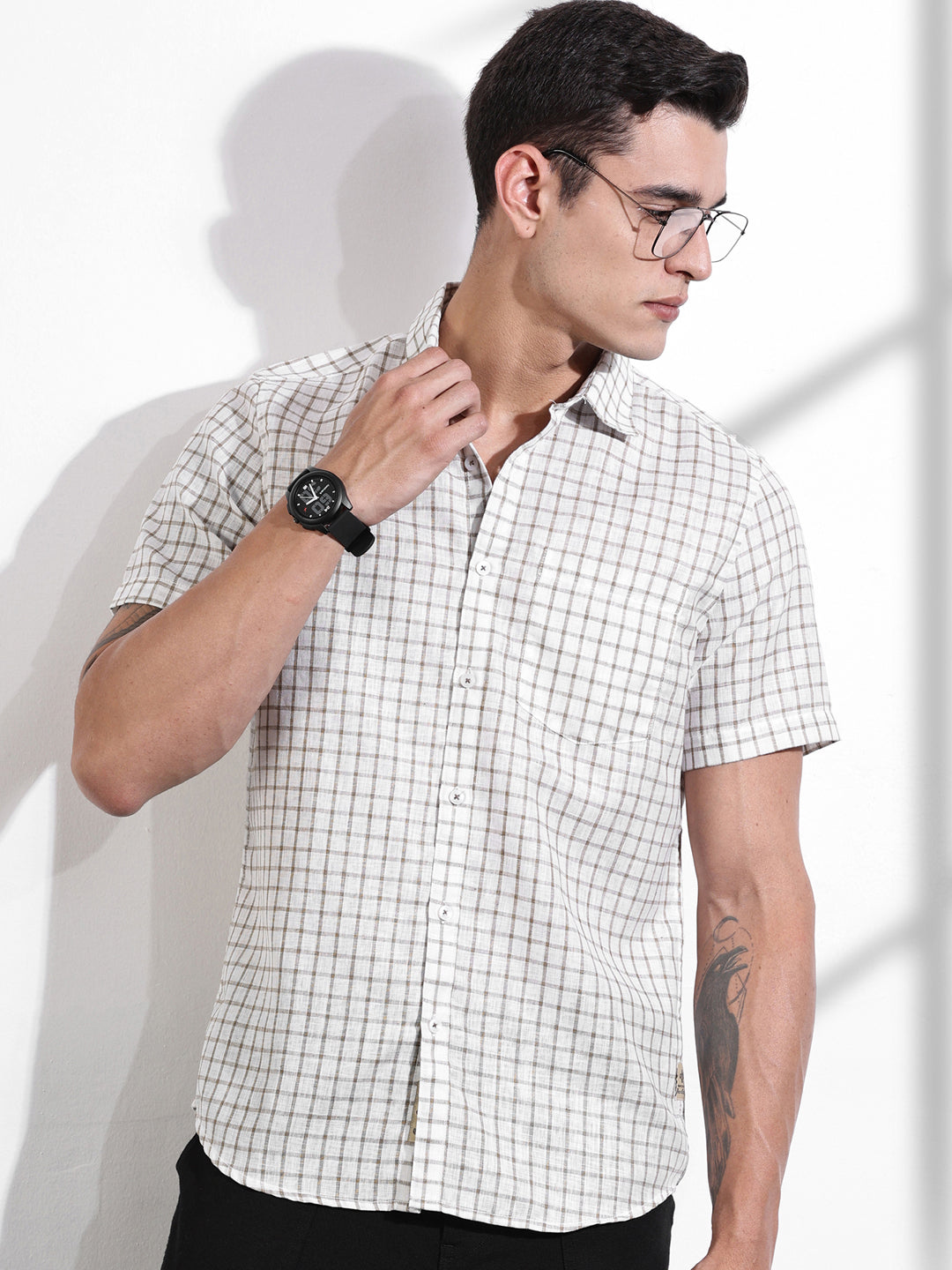 Thomas Scott Men Brown Slim Fit Gingham Checks Linen Casual Shirt