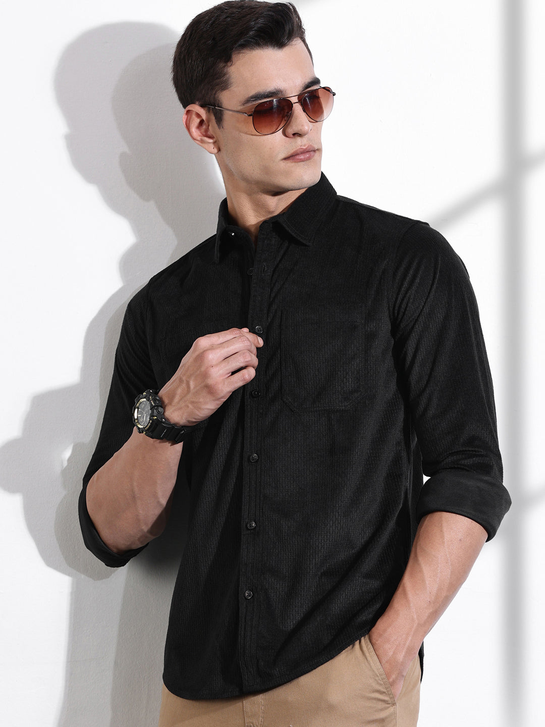 Thomas Scott Men Black Slim Fit Long Sleeves Self-Structured Velvet Casual Shirt