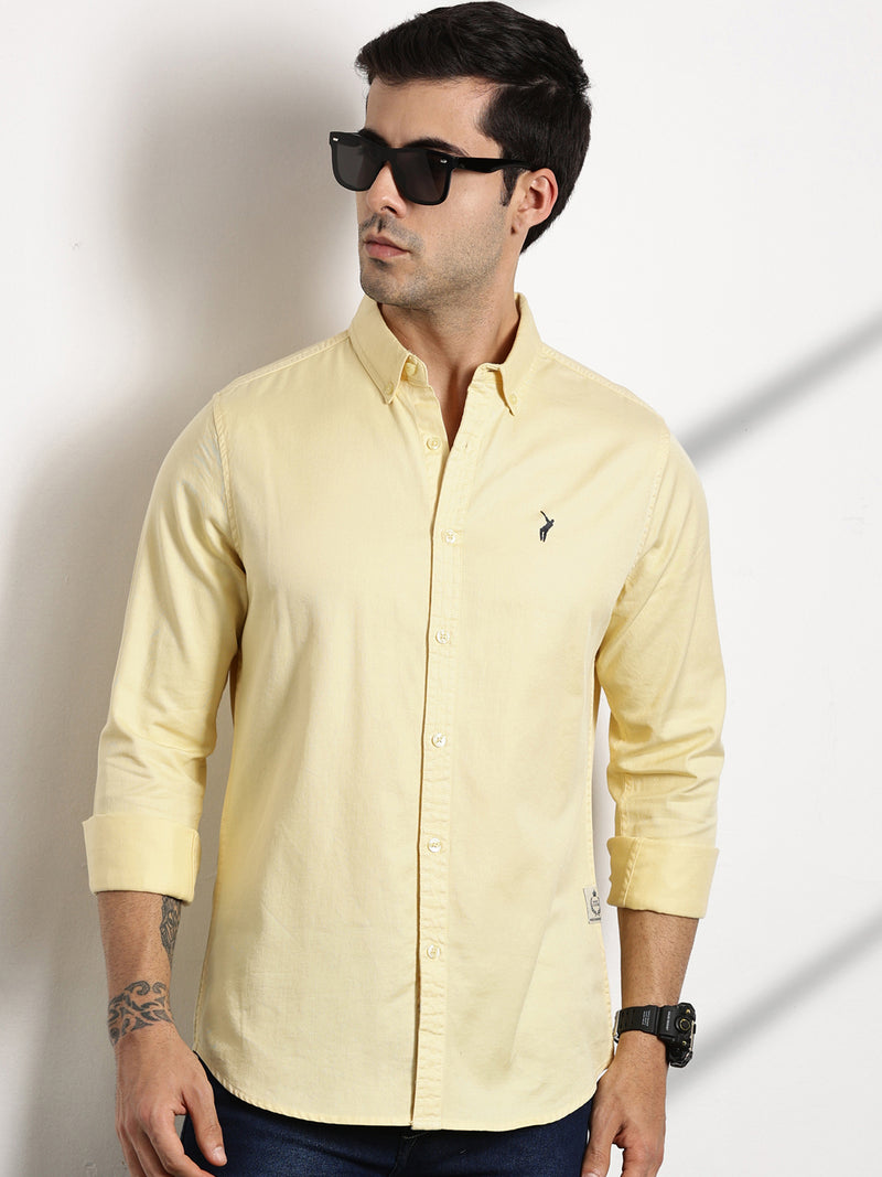 Thomas Scott Men Yellow Button Down Collar Slim Fit Solid Cotton Casual Shirt