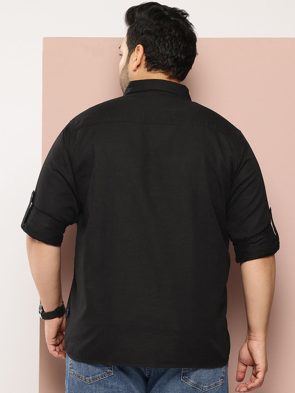 Black Plus Size Regular Fit Long Sleeves Solid Cotton Casual Shirt