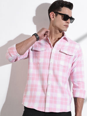 Thomas Scott Men Pink Regular Fit Long Sleeves Windowpane Checks Casual Shirt