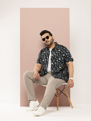 Thomas Scott Men Black Plus Size Regular Fit Short Sleeves Floral Printed Casual Shirt