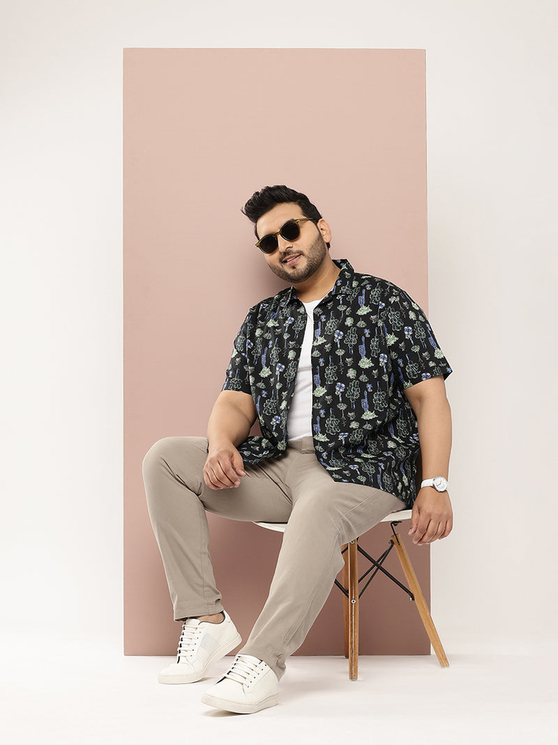 Thomas Scott Men Black Plus Size Regular Fit Short Sleeves Floral Printed Casual Shirt