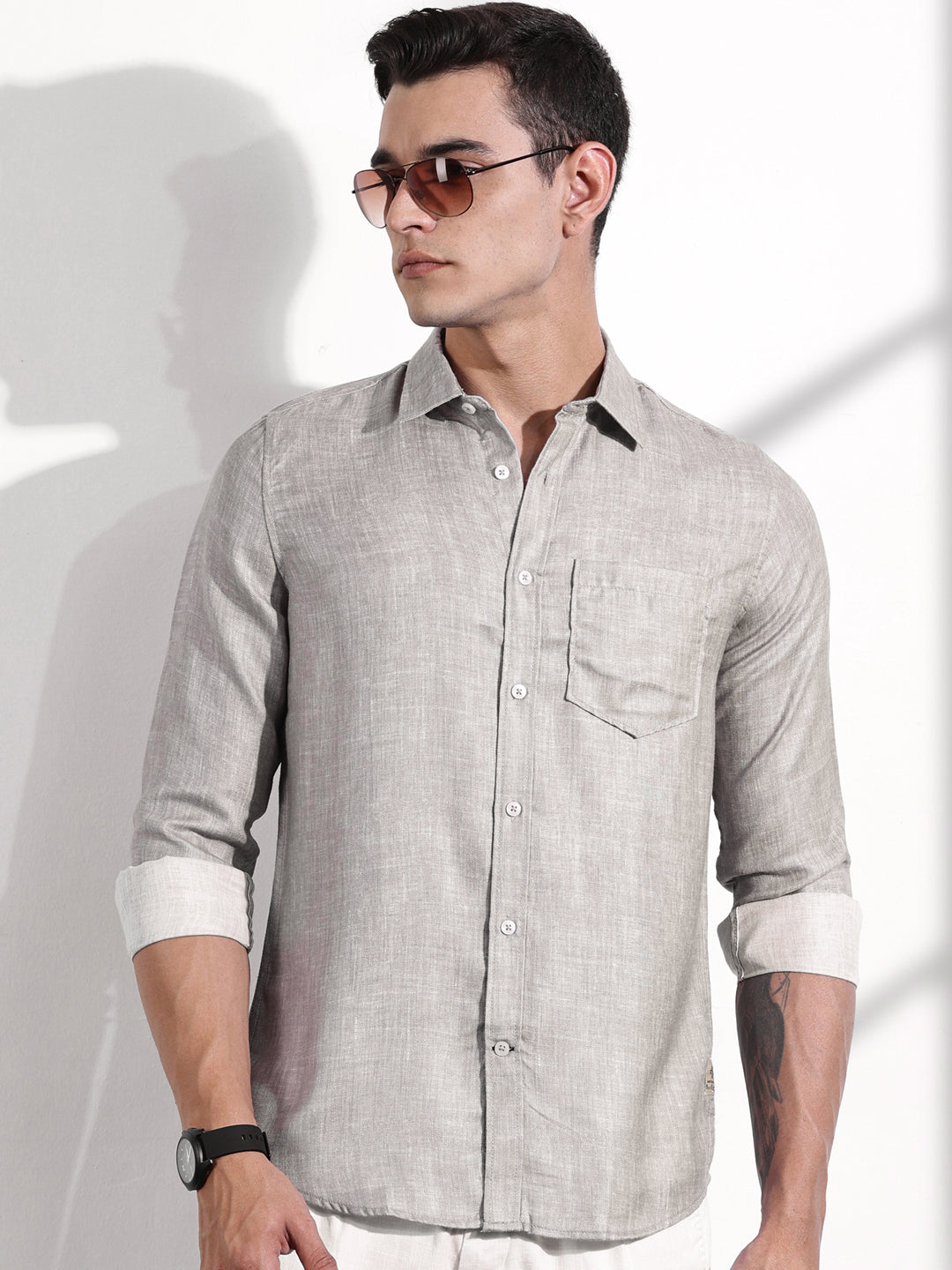 Thomas Scott Men Grey Slim Fit Long Sleeves Linen Casual Shirt
