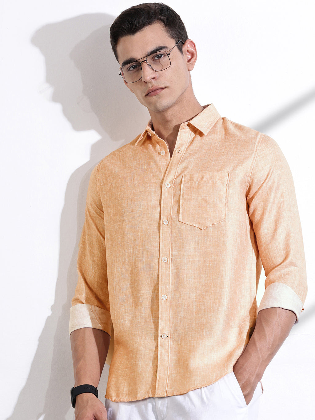 Thomas Scott Men Orange Slim Fit Long Sleeves Linen Casual Shirt
