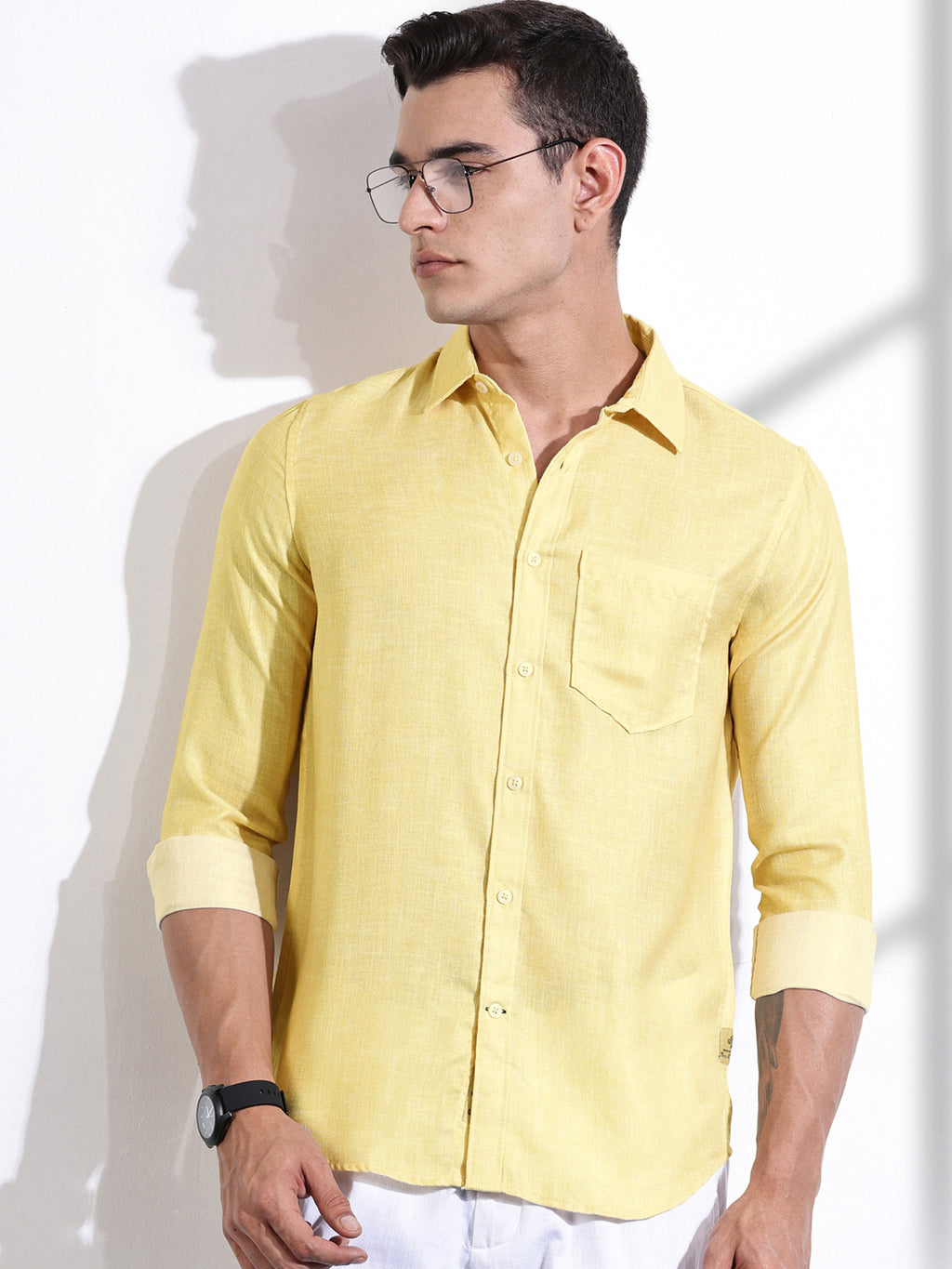 Thomas Scott Men Yellow Slim Fit Long Sleeves Linen Casual Shirt
