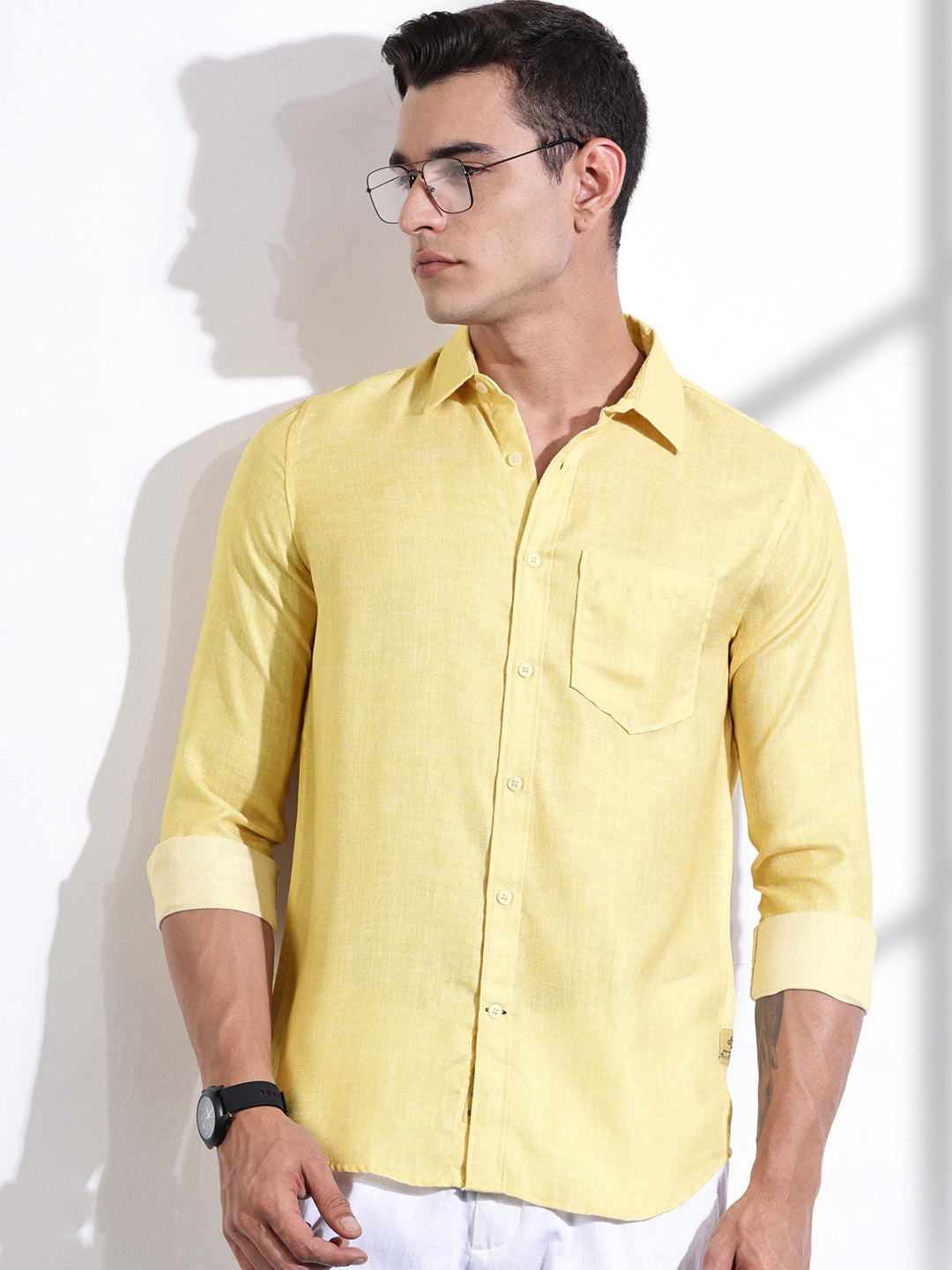 Thomas Scott Men Yellow Slim Fit Long Sleeves Linen Casual Shirt