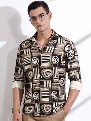 Thomas Scott Men Brown Slim Fit Long Sleeves Abstract Printed Casual Shirt