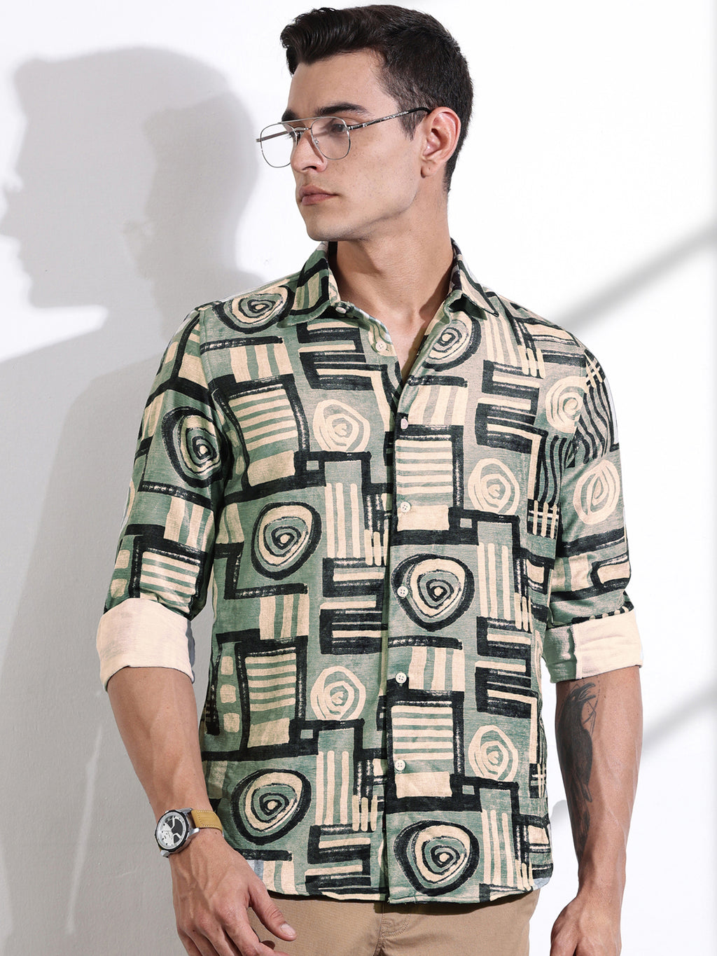 Thomas Scott Men Green Slim Fit Long Sleeves Abstract Printed Casual Shirt
