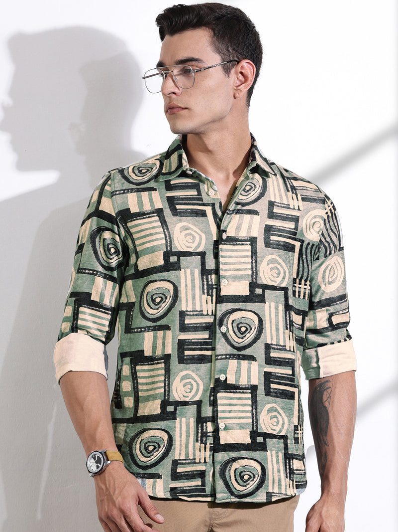 Thomas Scott Men Green Slim Fit Long Sleeves Abstract Printed Casual Shirt