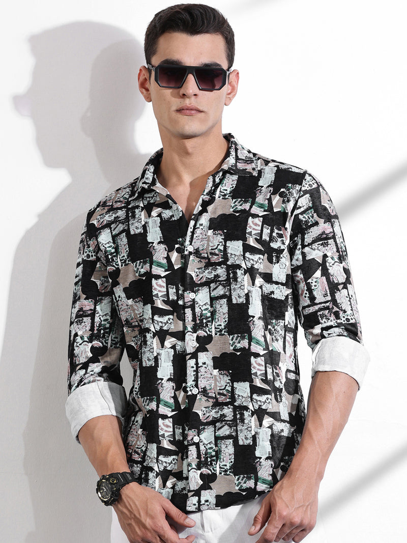 Thomas Scott Men Black Slim Fit Long Sleeves Abstract Printed Casual Shirt
