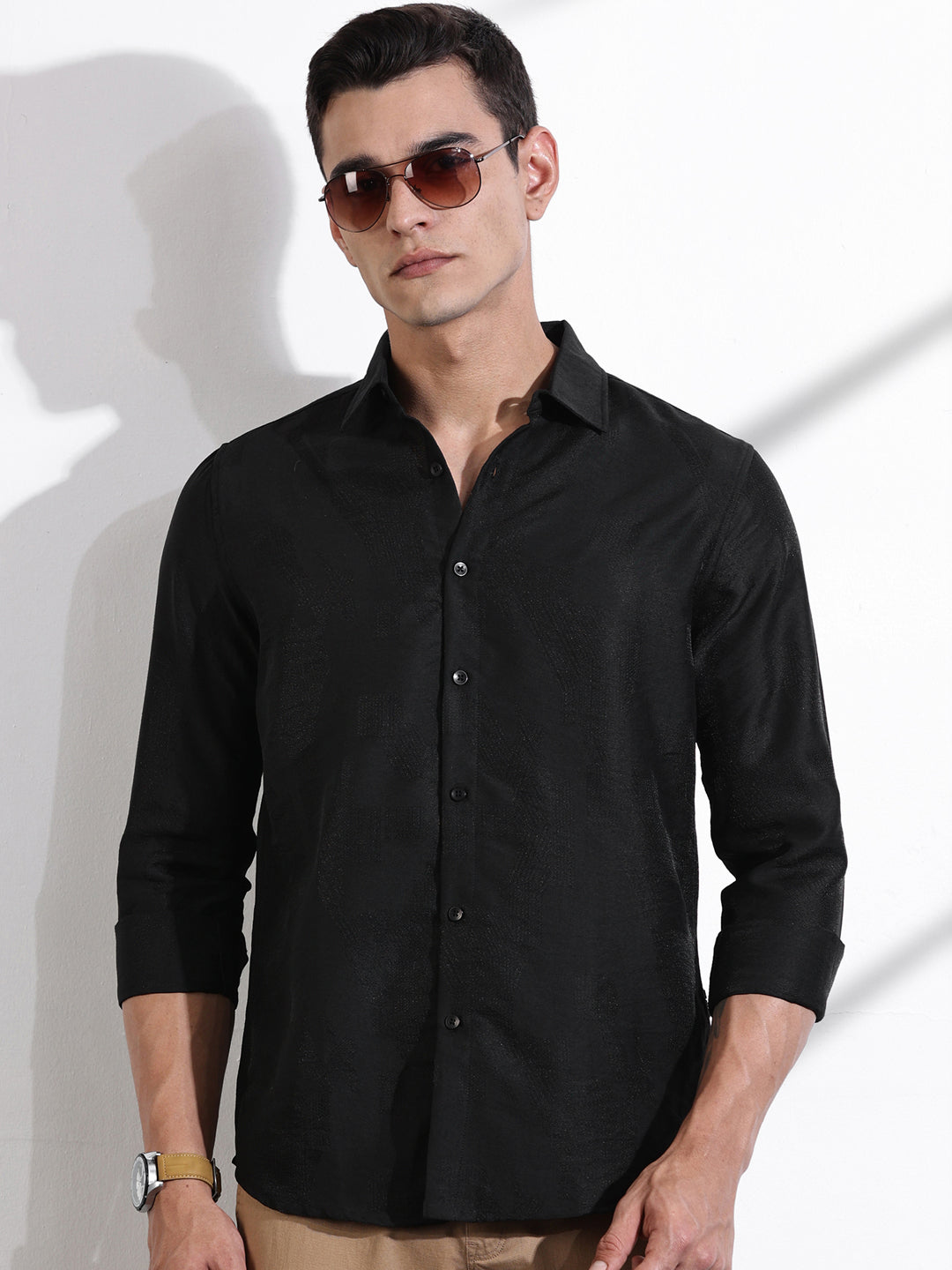 Thomas Scott Men Black Slim Fit Long Sleeves Solid Self Design Casual Shirt