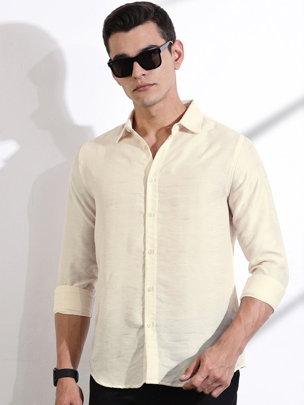 Thomas Scott Men Cream Slim Fit Long Sleeves Solid Self Design Casual Shirt
