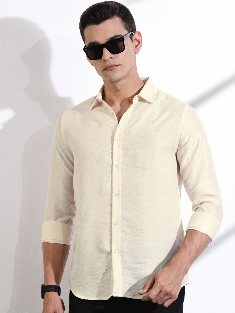 Thomas Scott Men Cream Slim Fit Long Sleeves Solid Self Design Casual Shirt