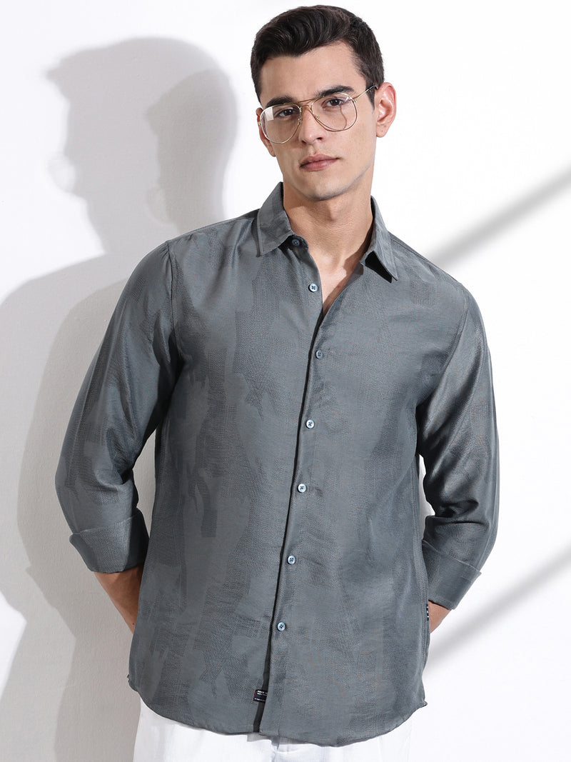 Thomas Scott Men Grey Slim Fit Long Sleeves Solid Self Design Casual Shirt
