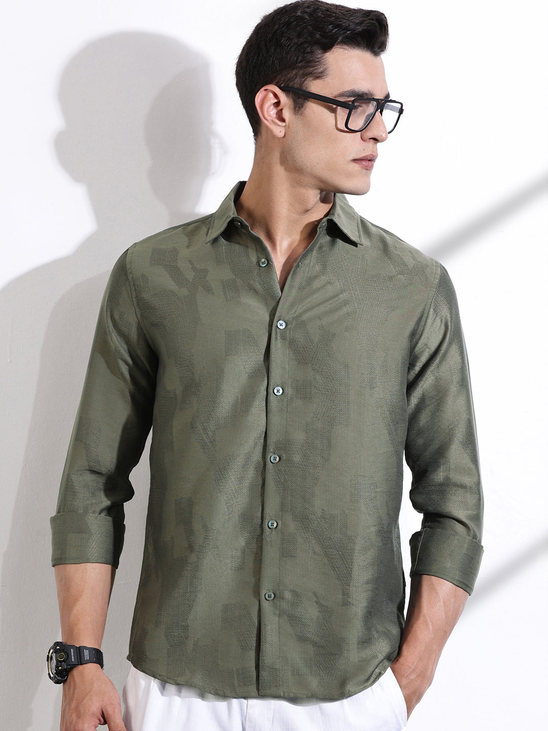Thomas Scott Men Olive Slim Fit Long Sleeves Solid Self Design Casual Shirt