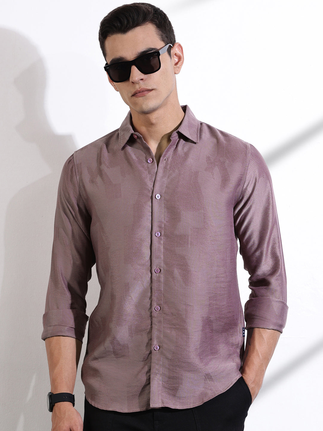 Thomas Scott Men Pink Slim Fit Long Sleeves Solid Self Design Casual Shirt