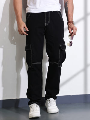Thomas Scott Men Black Relaxed Fit Cargo Style Cotton Jeans