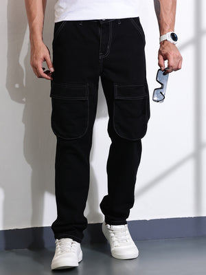 Black Relaxed Fit Cargo Style Cotton Jeans For Men