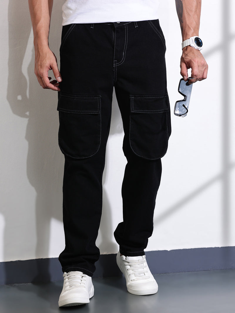 Thomas Scott Men Black Relaxed Fit Cargo Style Cotton Jeans