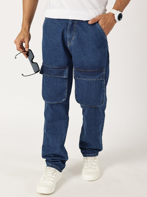 Thomas Scott Men Blue Relaxed Fit Cargo Style Cotton Jeans