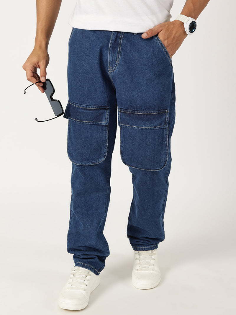 Thomas Scott Men Blue Relaxed Fit Cargo Style Cotton Jeans