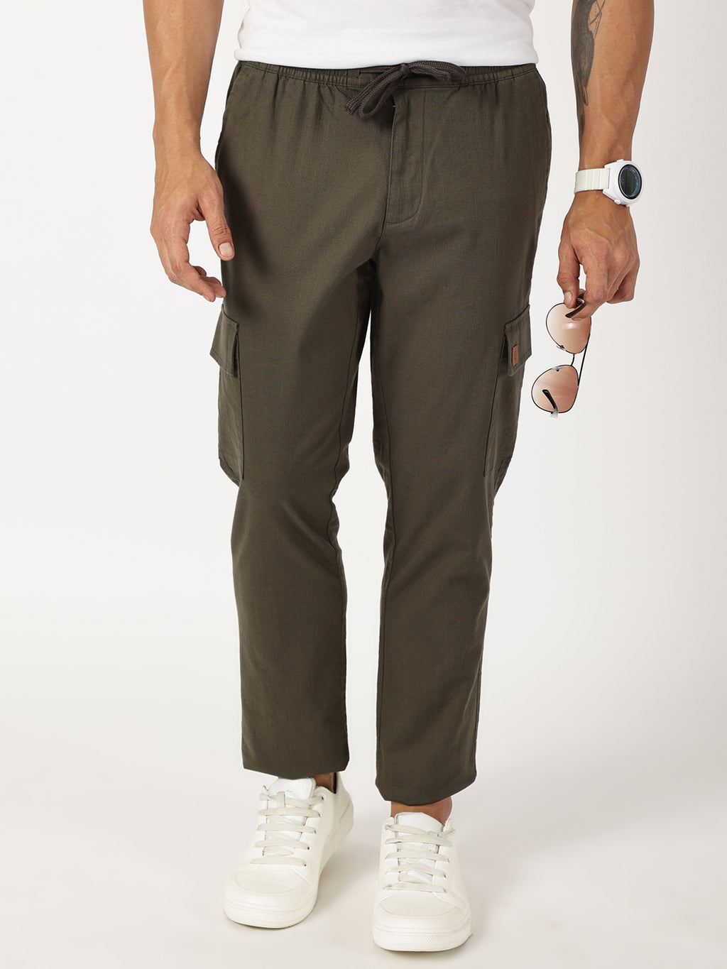 Thomas Scott Men Olive Mid-Rise Straight Fit Cotton Linen Woven Cargos Trouser