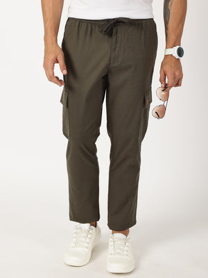 Thomas Scott Men Olive Mid-Rise Straight Fit Cotton Linen Woven Cargos Trouser