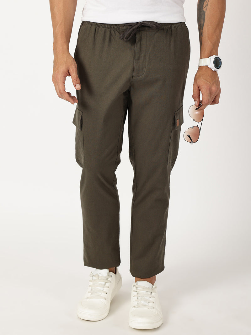 Thomas Scott Men Olive Mid-Rise Straight Fit Cotton Linen Woven Cargos Trouser