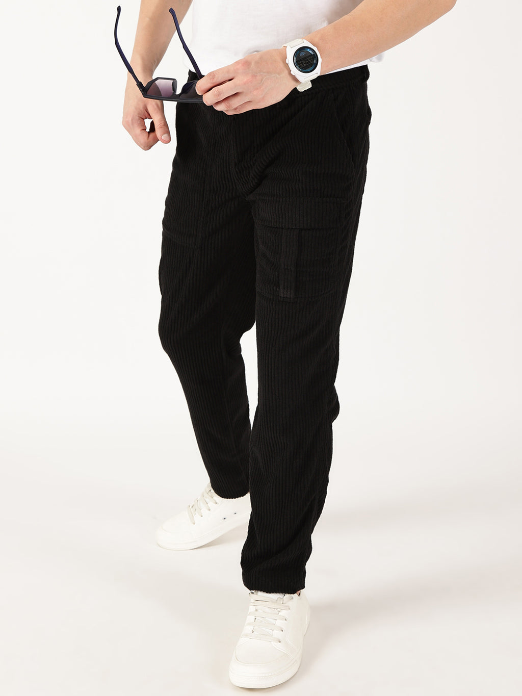 Thomas Scott Men Black Smart Straight Fit Corduroy Cargo Trouser